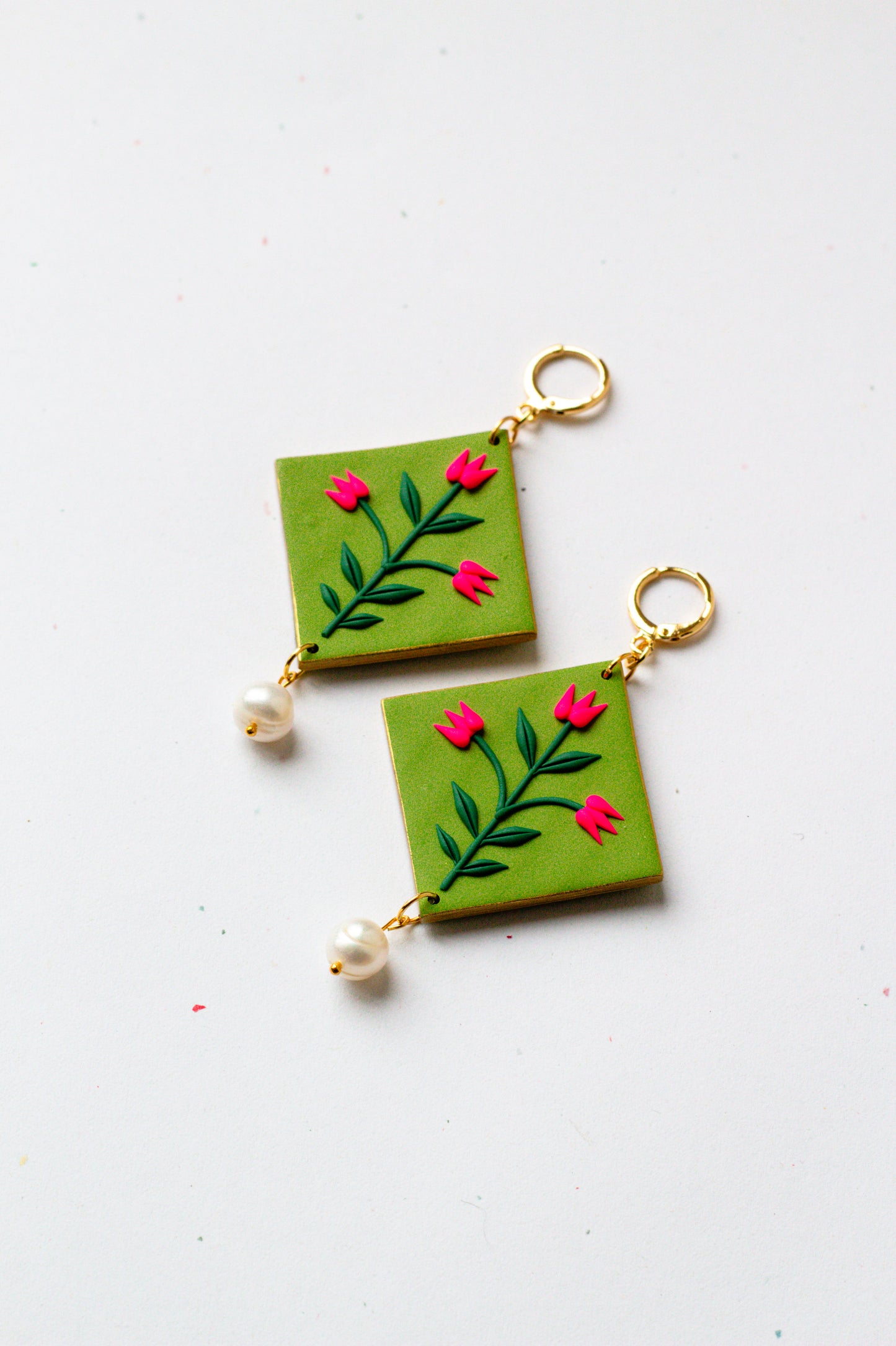 Statement Polymer Clay Tulip Huggie Earrings - Olive Green