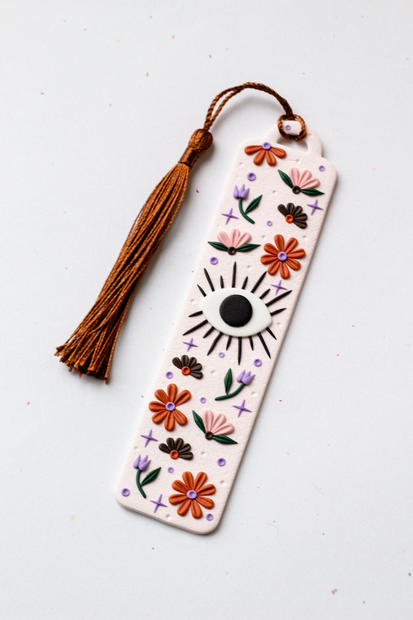 Floral Evil Eye Polymer Clay Bookmark - White
