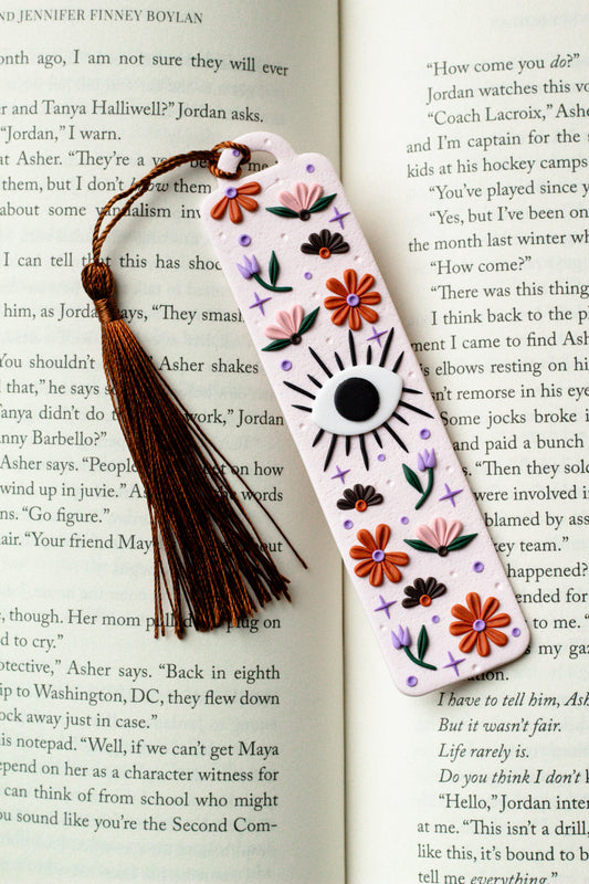 Floral Evil Eye Polymer Clay Bookmark - White