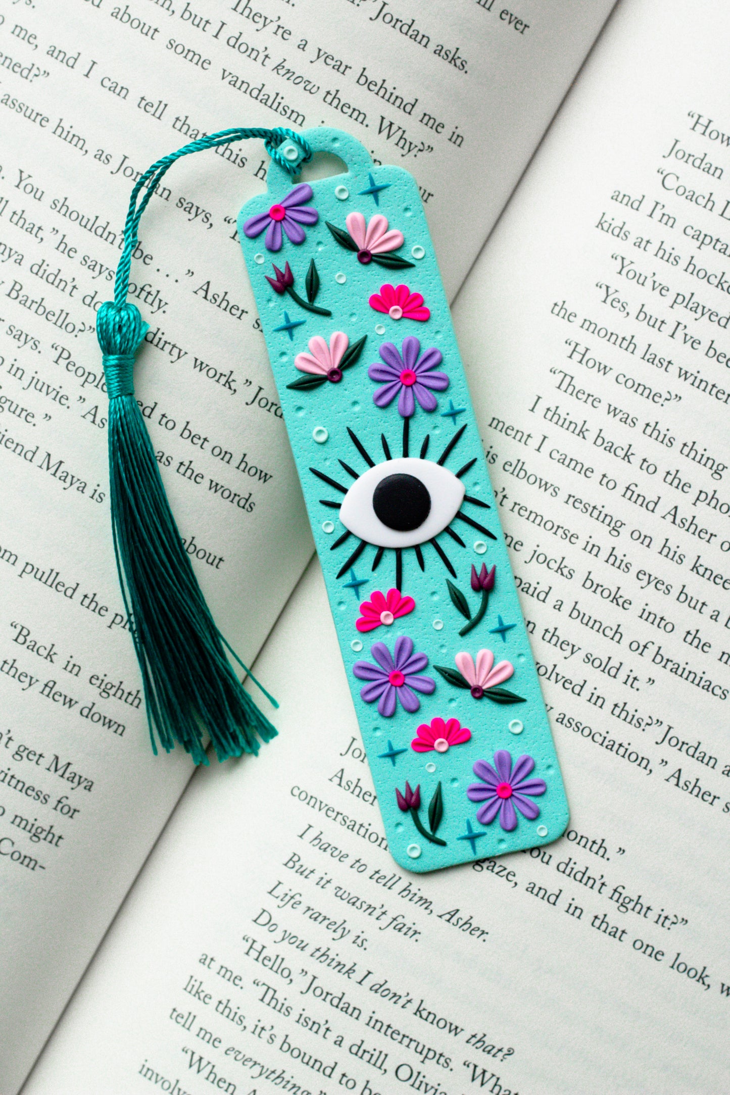 Floral Evil Eye Polymer Clay Bookmark - Turquoise