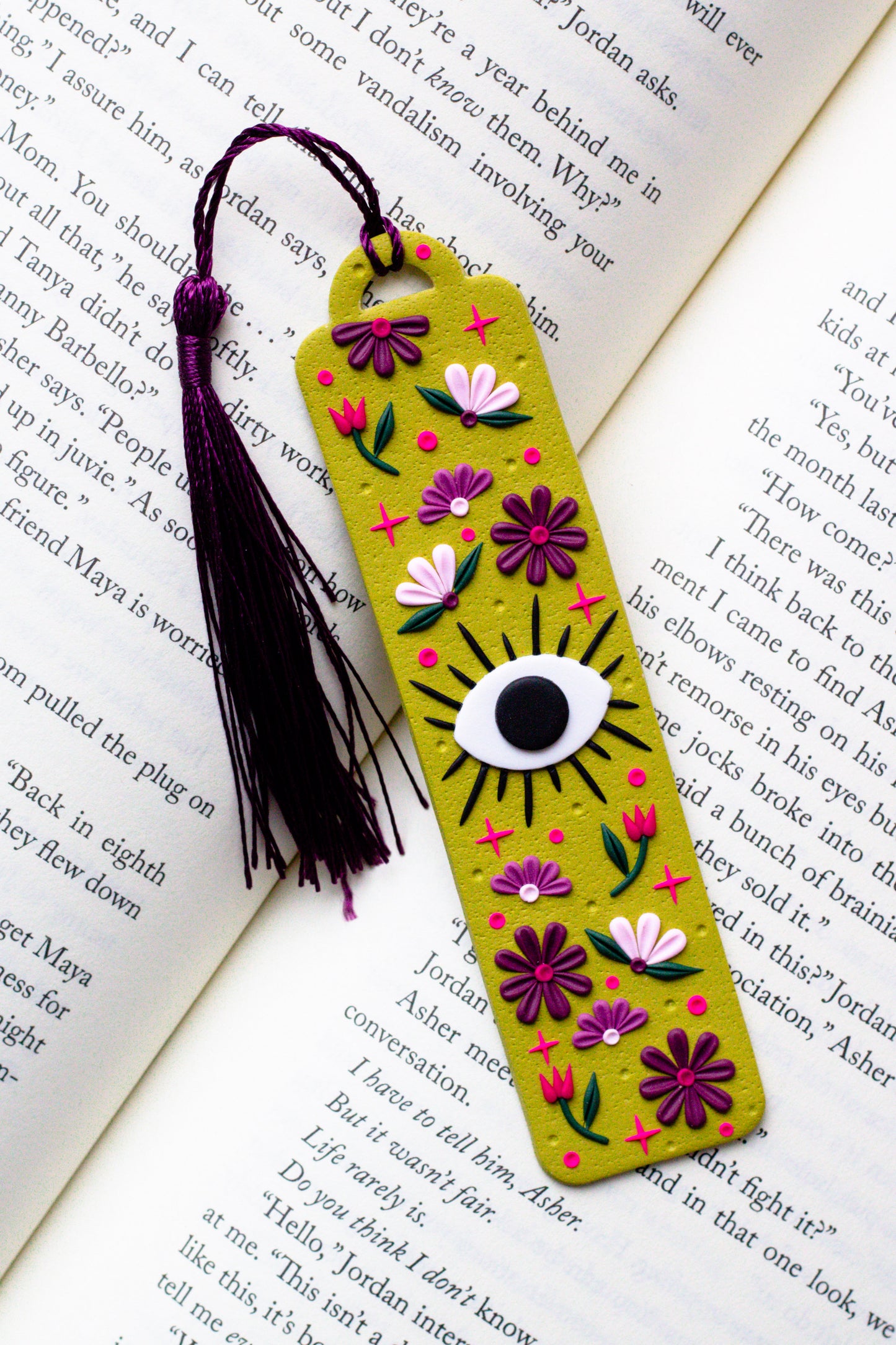 Floral Evil Eye Polymer Clay Bookmark - Olive Green