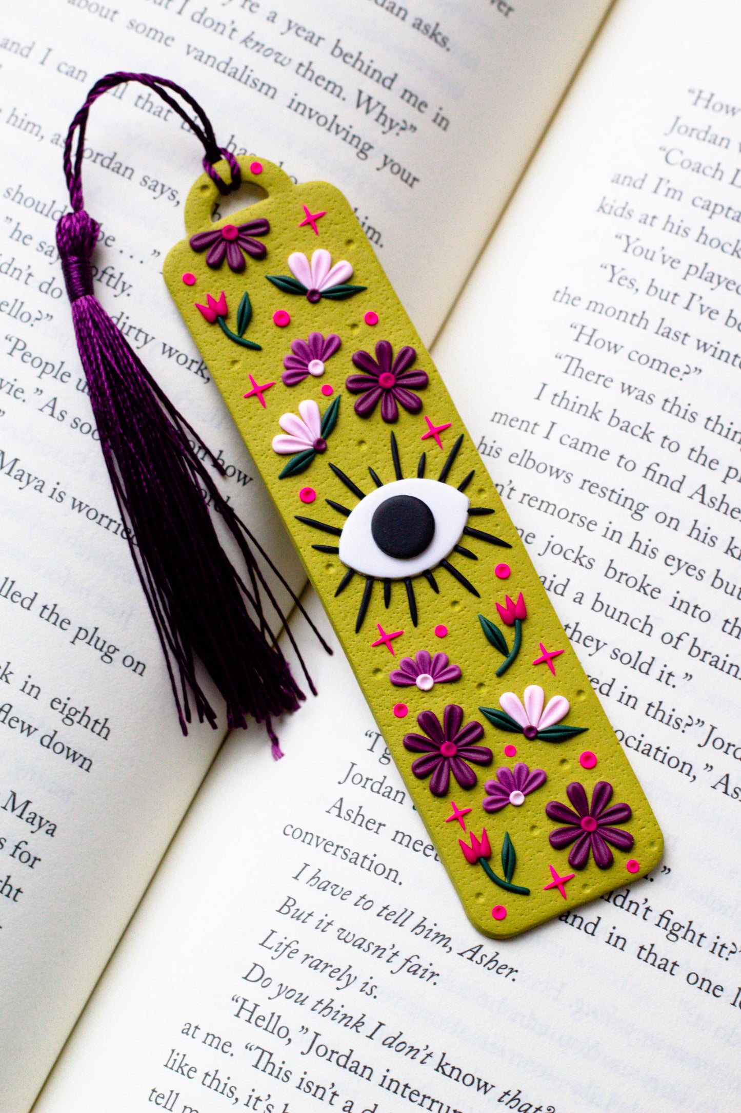 Floral Evil Eye Polymer Clay Bookmark - Olive Green