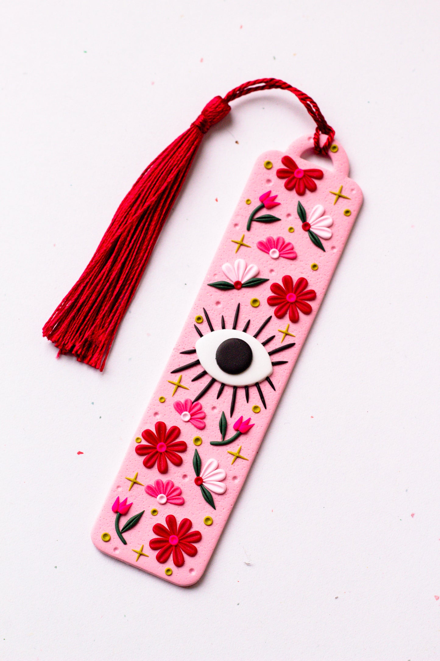 Floral Evil Eye Polymer Clay Bookmark - Pink