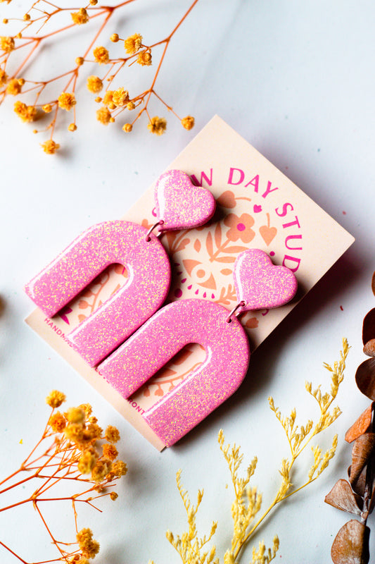 Pink Polymer Clay Glitter Heart Arch Statement Earrings