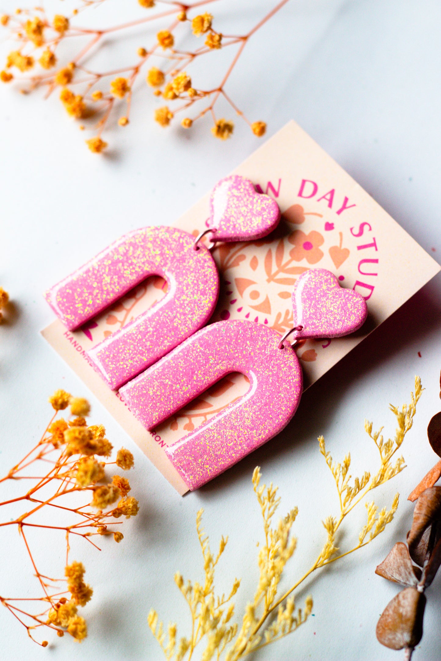 Pink Polymer Clay Glitter Heart Arch Statement Earrings